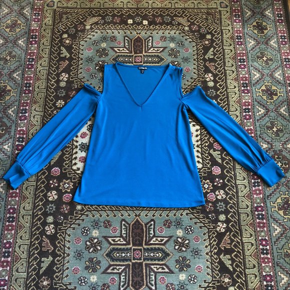 Teal Blue V-Neck Cold Shoulder Long Sleeve Top XS - Picture 7 of 15